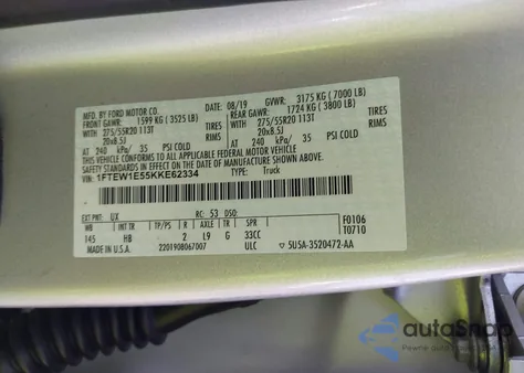 2019 Ford F-150 Lariat z USA, uszkodzony, nr VIN 1FTEW1E55KKE62334